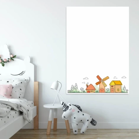 Magnetic dry-erase board for kids featuring a village design with houses, a windmill, and trees at the bottom.