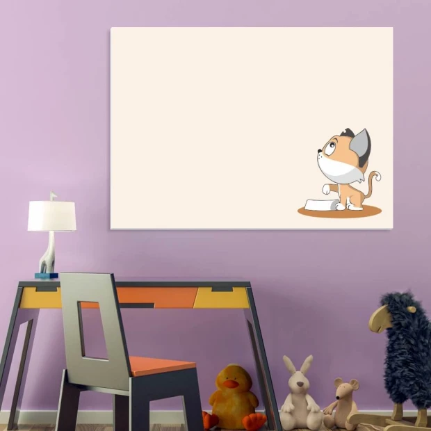 Magnetic dry-erase board for kids featuring a cat design, perfect for a purple-themed children\'s room.