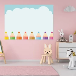 Magnetic dry-erase board for kids with crayons - Decor for a child\'s room. Walls in light pink color.