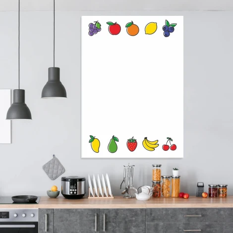 Magnetic dry-erase board for kitchen featuring colorful fruits and vegetables on a white background.