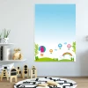 Dry-erase magnetic board for kids with cloud design featuring balloons, clouds, and a rainbow against a sky background.