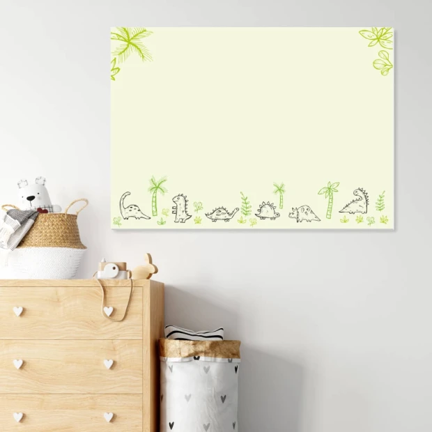 Dry-erase magnetic board for kids featuring dinosaur outlines on a light background.