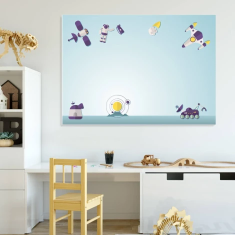 Magnetic dry-erase board for kids, space theme 135 - Features an astronaut, rockets, and satellites design.
