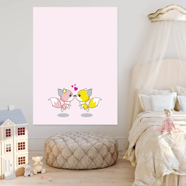 Dry-erase magnetic board for kids featuring two pastel foxes with hearts.