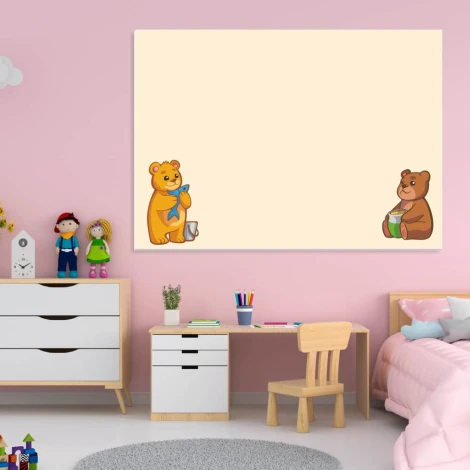 Magnetic dry-erase board for kids featuring bears, perfect for a pink-themed children\'s room with matching furniture.