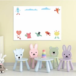 Magnetic dry-erase board for kids featuring colorful monster characters on a white background.