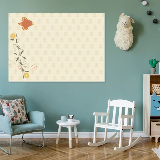 Magnetic dry-erase board for kids featuring a bird and flower design, perfect for a child\'s room decor.