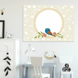 Dry-erase magnetic board for kids with a bird and flowers design on a light background featuring blue accents.