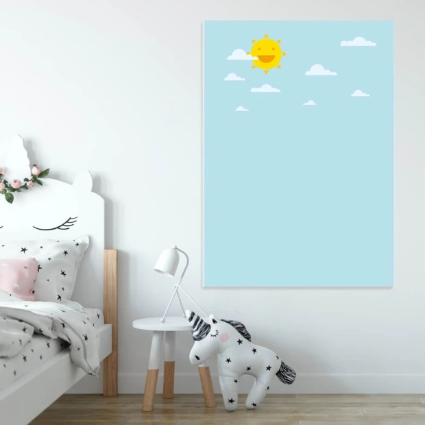 Magnetic whiteboard for kids with sun and clouds design, perfect for brightening up a children\'s room.