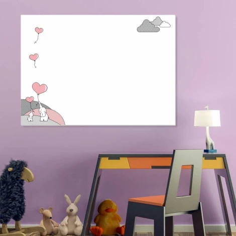 Magnetic dry-erase board for kids featuring elephants, ideal for bright children\'s room decor with light walls and furniture.
