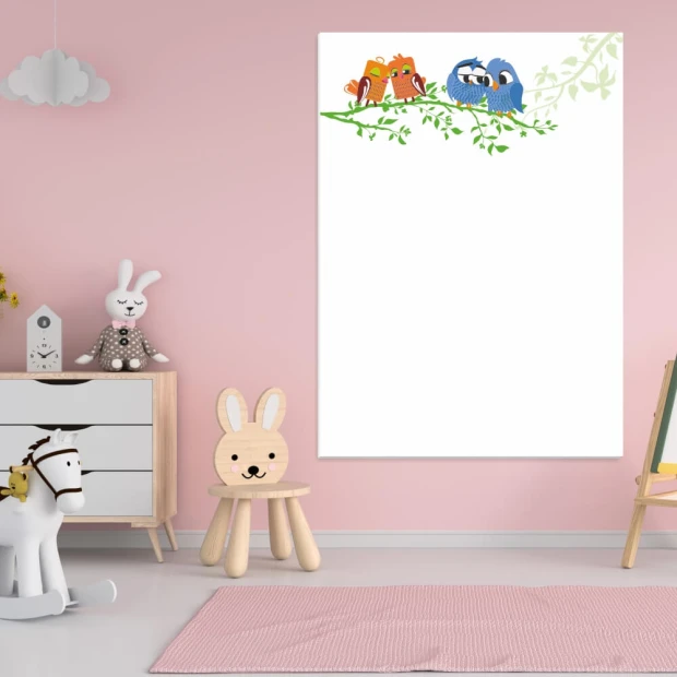 Magnetic dry-erase board for kids, owl design, perfect for a child\'s room with light pink walls.