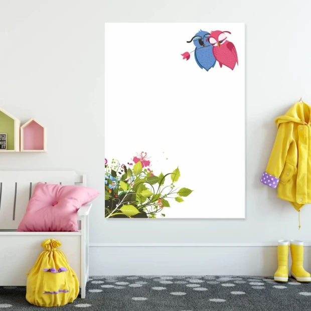 Magnetic dry-erase board for kids featuring colorful owls and flowers on a white background.