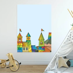 Dry-erase magnetic board for kids featuring a castle design with colorful buildings in various shapes.