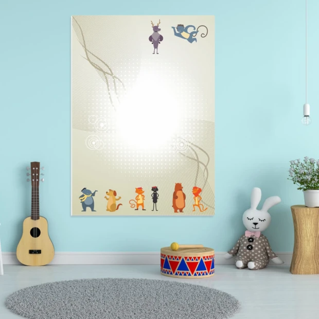 Magnetic dry-erase board for kids featuring animals, perfect for a bright children\'s room decor.
