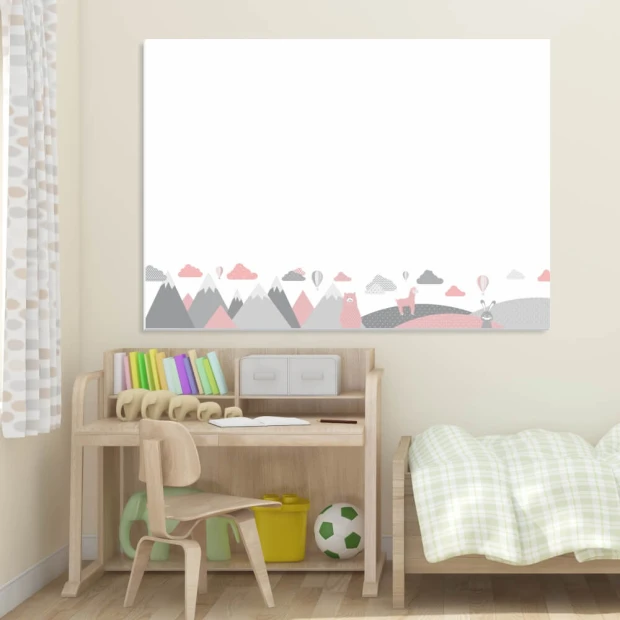 Magnetic dry-erase board for kids featuring animals and mountains, perfect for bright children\'s room decor.
