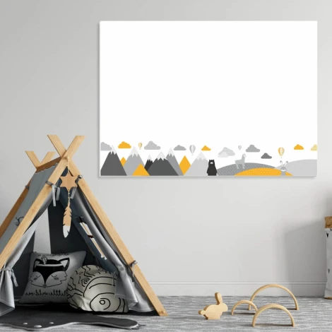 Magnetic dry-erase board for kids featuring animals and mountains, perfect for brightening up a child\'s room.