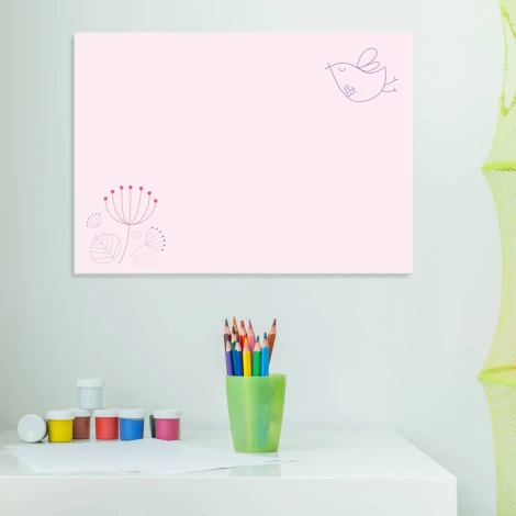 Dry-erase magnetic board with dandelion and bird design. Features dandelion illustrations on a pink background.