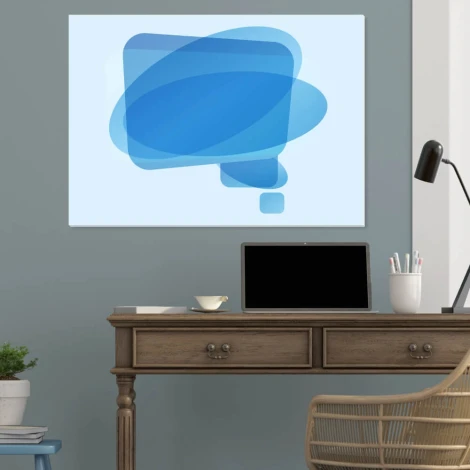 Dry-erase magnetic board 108 - Office setup with gray-blue walls and wooden furniture.