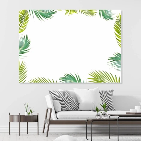 Magnetic whiteboard with leaf design 569 - White background with green leaves along the edges.