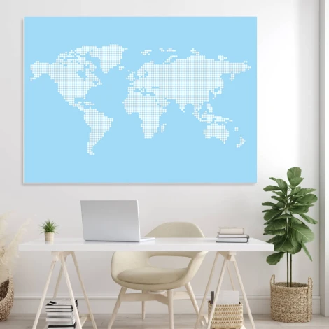 Dry-erase magnetic world map board 333 - Graphic design. World map in white dots on a blue background.