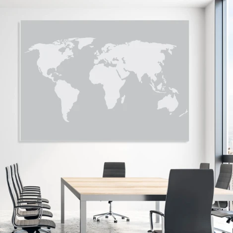 Magnetic dry-erase world map for wall with country outlines on a gray background.
