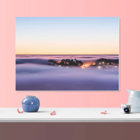 Magnetic whiteboard city in the clouds 287 - Styled in a bright room with pink walls and a table.