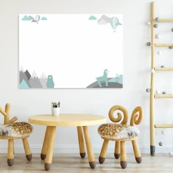 Dry-erase magnetic board featuring a bear, alpaca, and rabbit - Ideal for a children\'s room with light-colored walls.