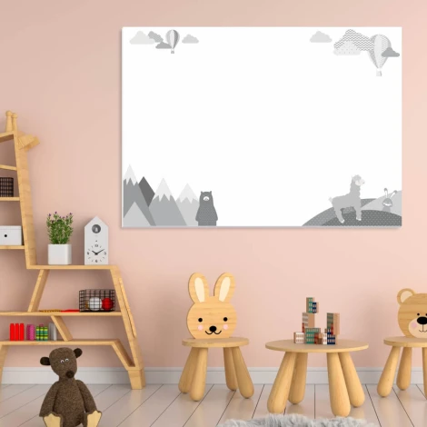 Magnetic dry-erase board with bear, mountains, and balloons design for a bright children\'s room with wooden accents.