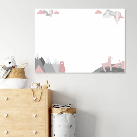 Dry-erase magnetic board featuring a bear, mountains, and balloons on a white background.