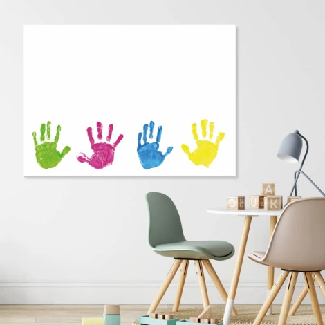 Magnetic whiteboard handprint design 336 - Features colorful handprints on a white background.
