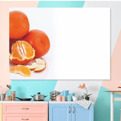 Dry-erase magnetic board with orange design. Oranges in various positions on a white background.