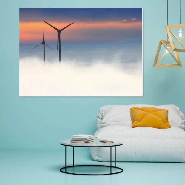 Magnetic whiteboard with wind turbine design 221 - Styled in a light blue living room.