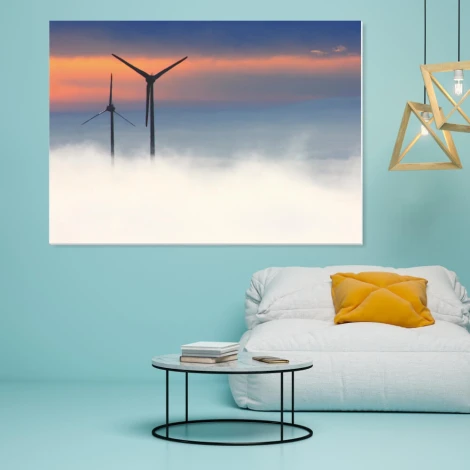 Magnetic whiteboard with wind turbine design 221 - Styled in a light blue living room.
