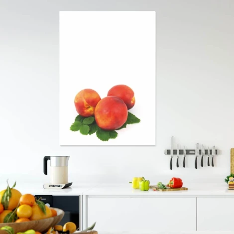 Magnetic dry-erase board featuring three peaches on green leaves against a white background.