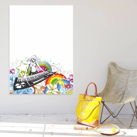 Magnetic whiteboard music 151 - Graphic design featuring a woman playing a keyboard, surrounded by musical elements.