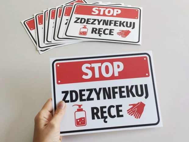 Stop Disinfect Hands Sticker - Graphic design with red text on a white background, featuring an icon of a bottle and hands.