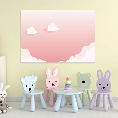 Dry-erase magnetic board with cloud design featuring pink clouds on a light background.
