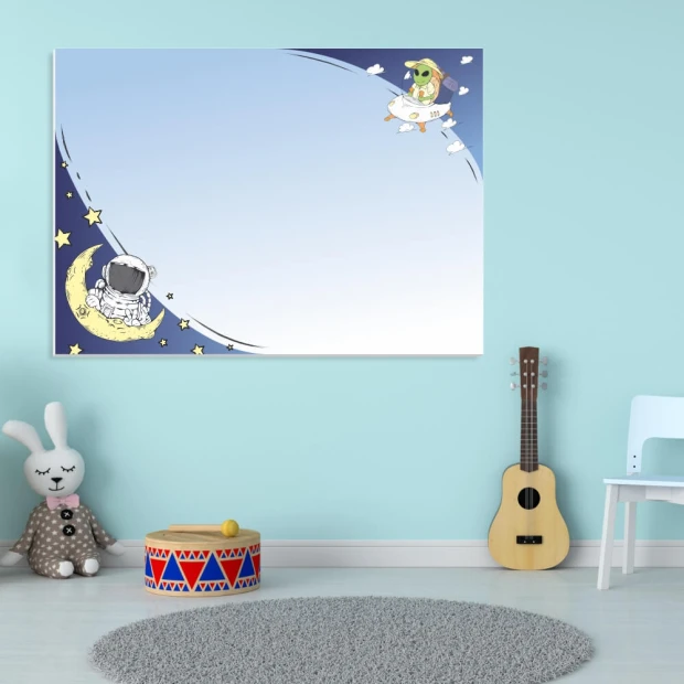 Dry-erase magnetic board for kids featuring an astronaut and alien, perfect for brightening up a child\'s room.
