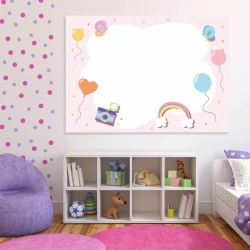 Dry-erase magnetic board for kids with balloons, butterflies, and rainbow design on a light pink background.