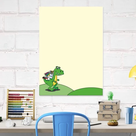 Dry-erase magnetic board for kids featuring a green dinosaur with a child on its back.