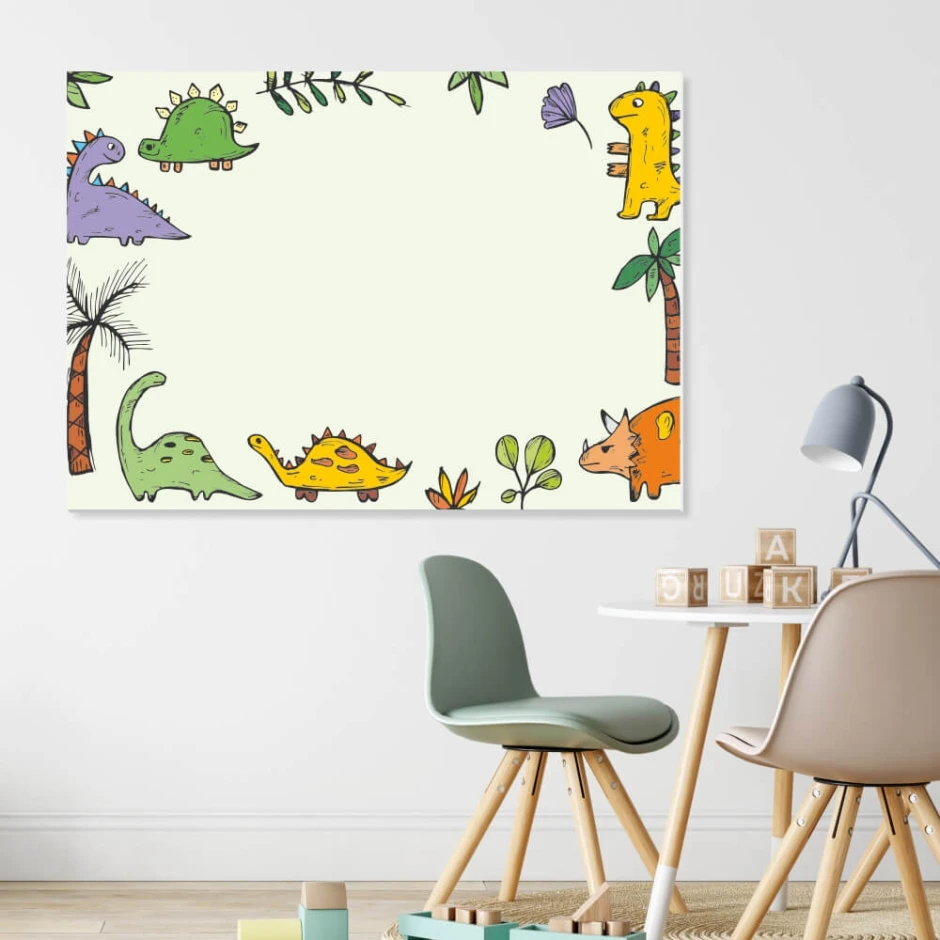 Dry-erase magnetic board for kids with dinosaur designs in various colors.