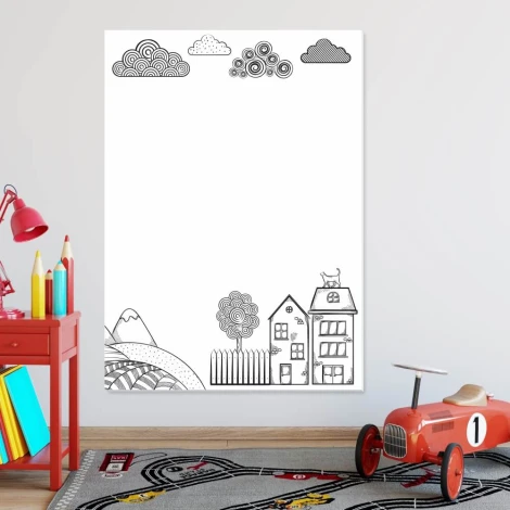 Magnetic dry-erase board for kids featuring houses, clouds, and a tree on a white background.