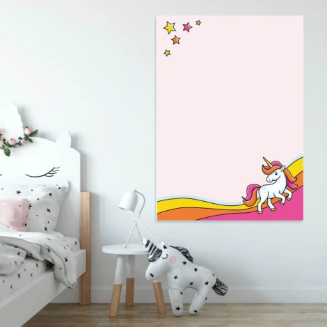 Dry-erase magnetic board for kids featuring a unicorn design with a pink background and colorful waves.