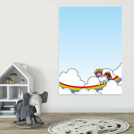 Dry-erase magnetic board for kids featuring a unicorn on a rainbow in clouds against a light background.