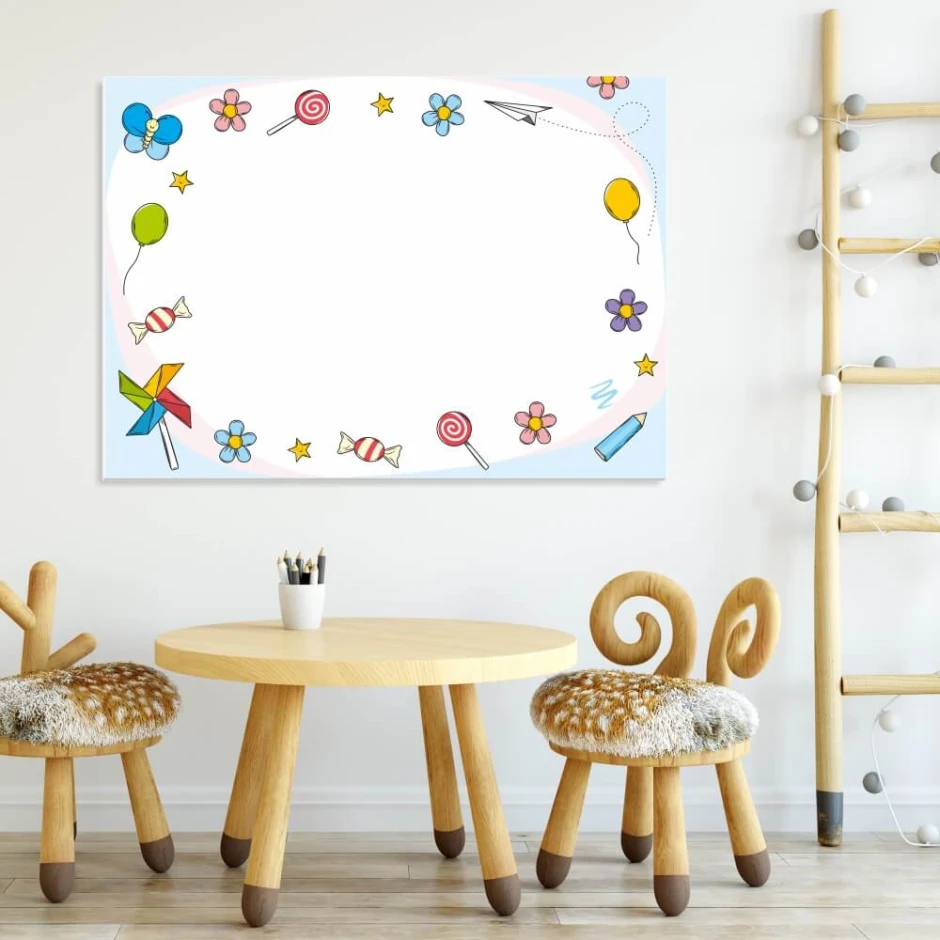 Magnetic dry-erase board for kids with colorful patterns on a blue background.