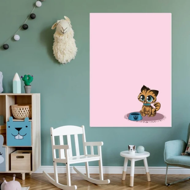 Magnetic whiteboard for kids featuring a cat design, perfect for a bright green children\'s room.