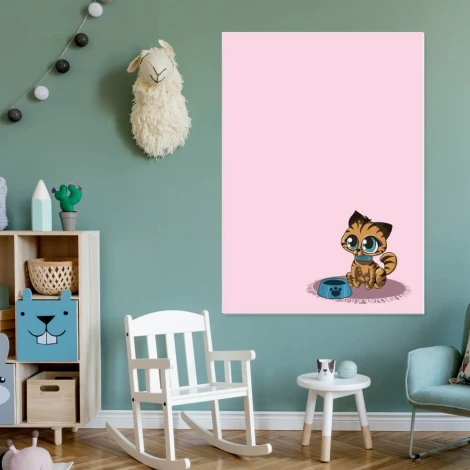 Magnetic whiteboard for kids featuring a cat design, perfect for a bright green children\'s room.