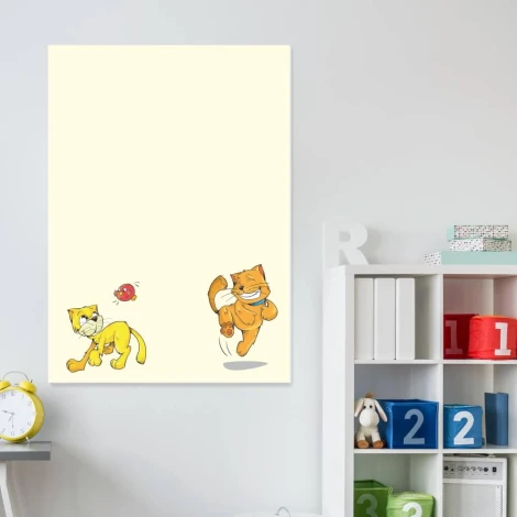 Magnetic dry-erase board for kids featuring two playful cats, one in yellow.