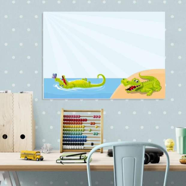 Dry-erase magnetic board for kids featuring a crocodile and yellow accents on a water background.