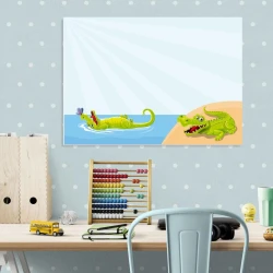 Dry-erase magnetic board for kids featuring a crocodile and yellow accents on a water background.
